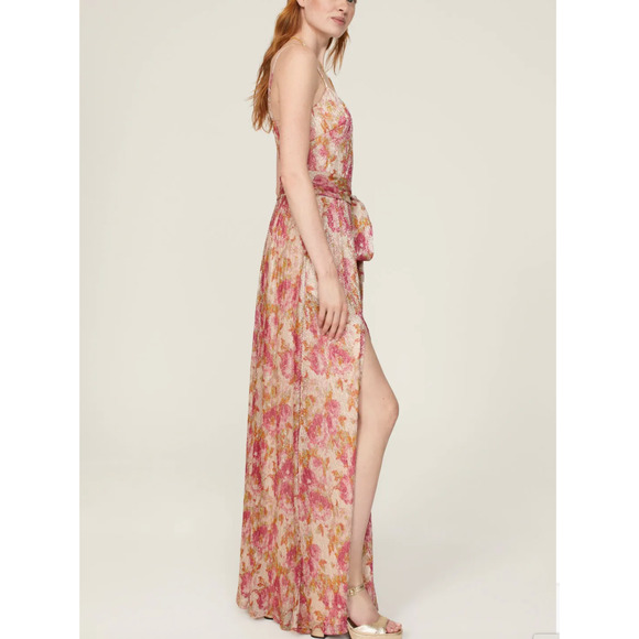 Dress the Population Floral Plisse Maxi Dress XS Metallic Goddess Slip Gown $268 - Picture 2 of 15